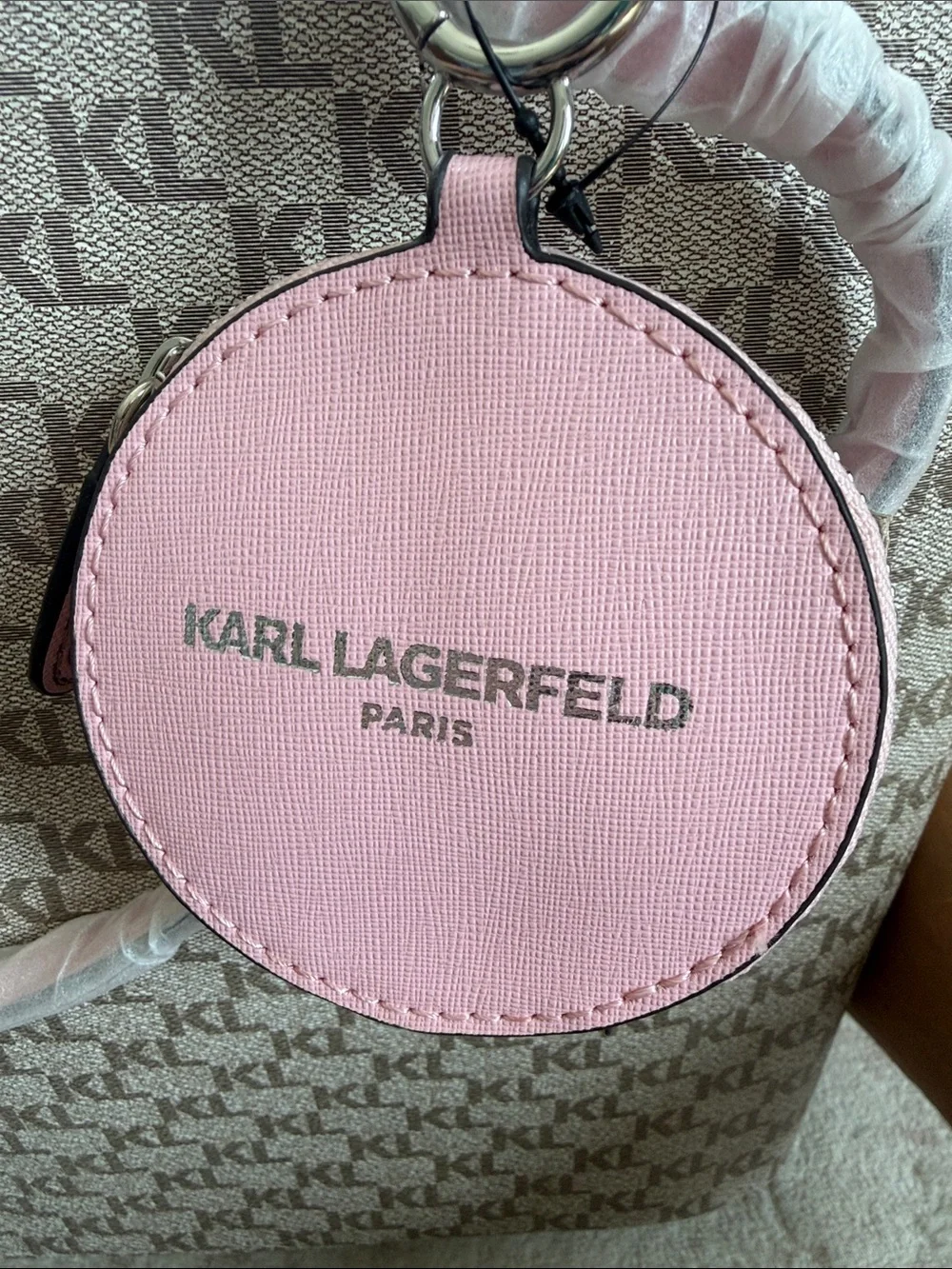 Karl Lagerfeld Paris Beige Monogram Adele Tote with Pink Coin Pouch